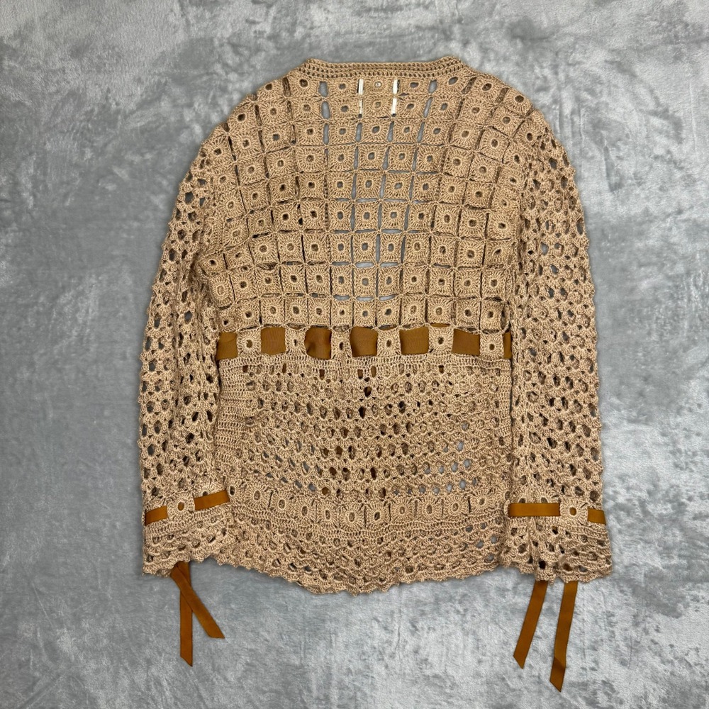 Vintage Anthropologie CURIO Beige Crochet Knit Granny Square Cardigan Sweater L - Picture 2 of 12